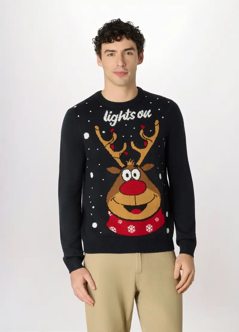 Maglione Girocollo Con Motivo Natale Uomo, Nero