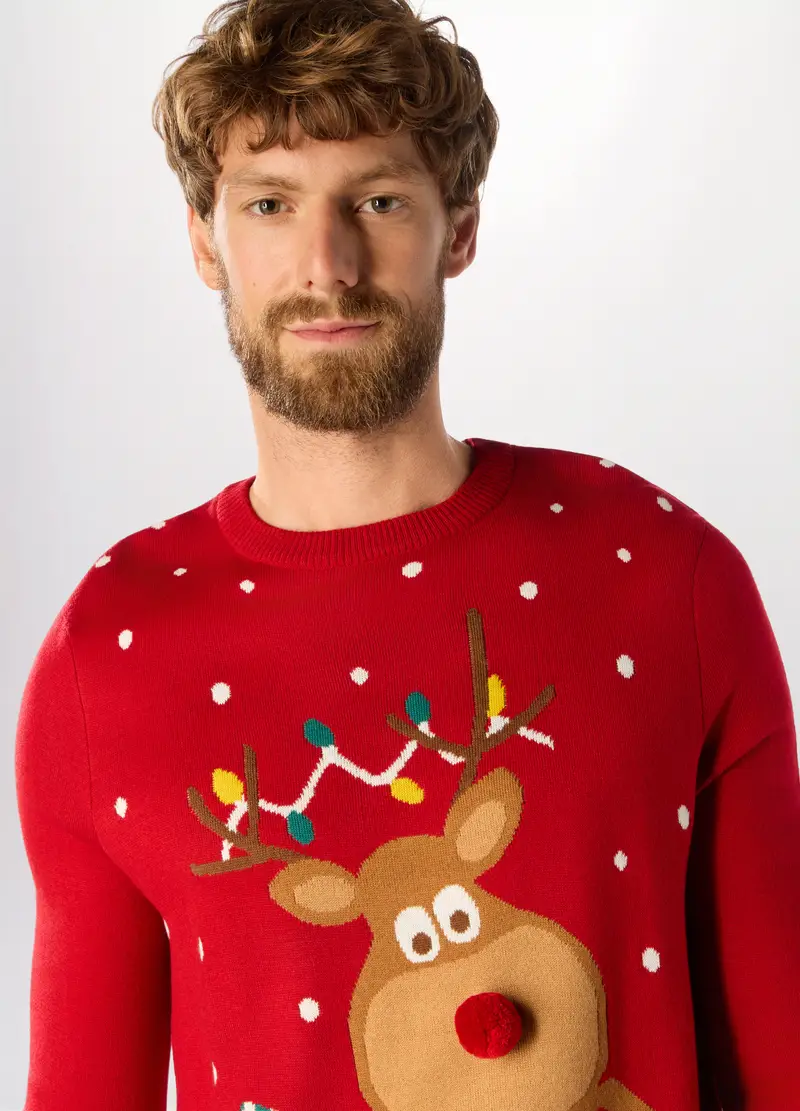 Maglione Girocollo Con Motivo Natale Uomo, Rosso miniatura 3