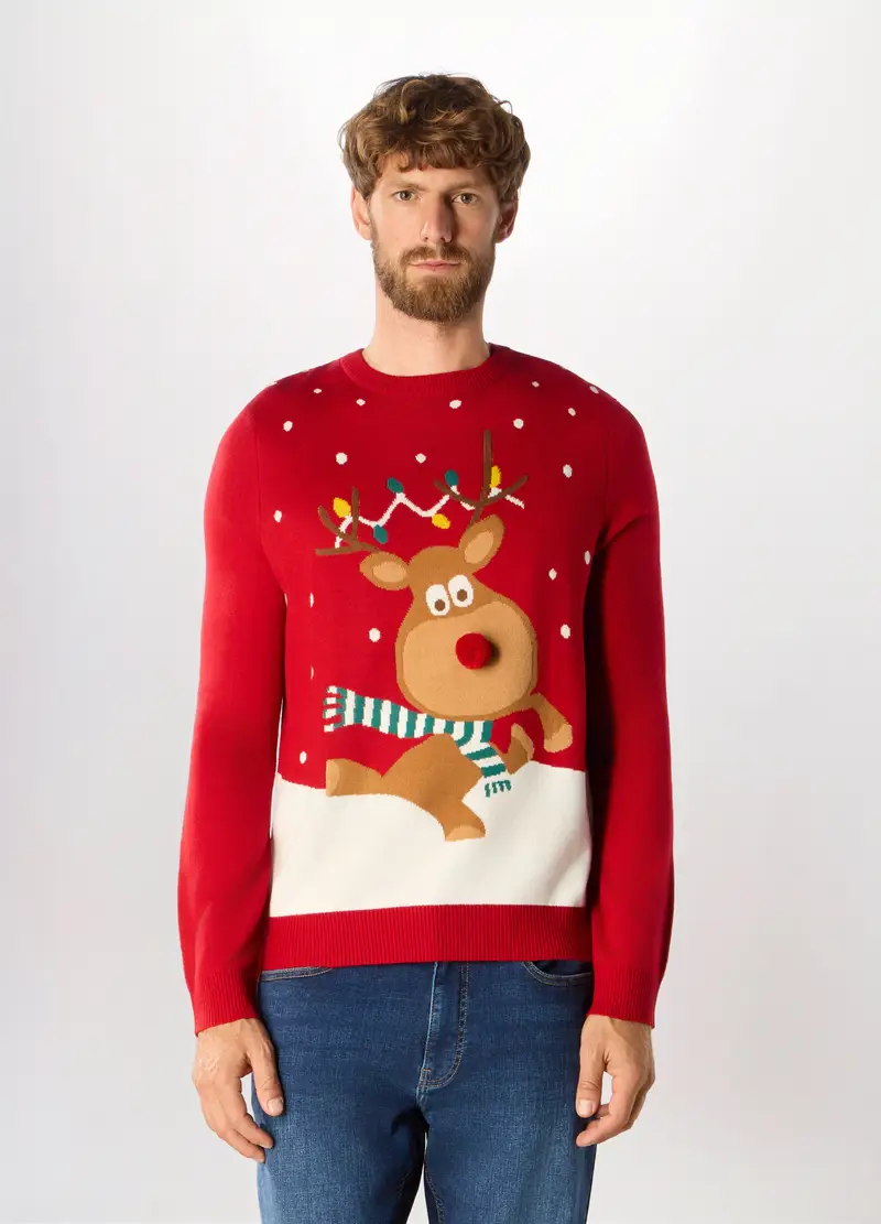 Maglione Girocollo Con Motivo Natale Uomo, Rosso