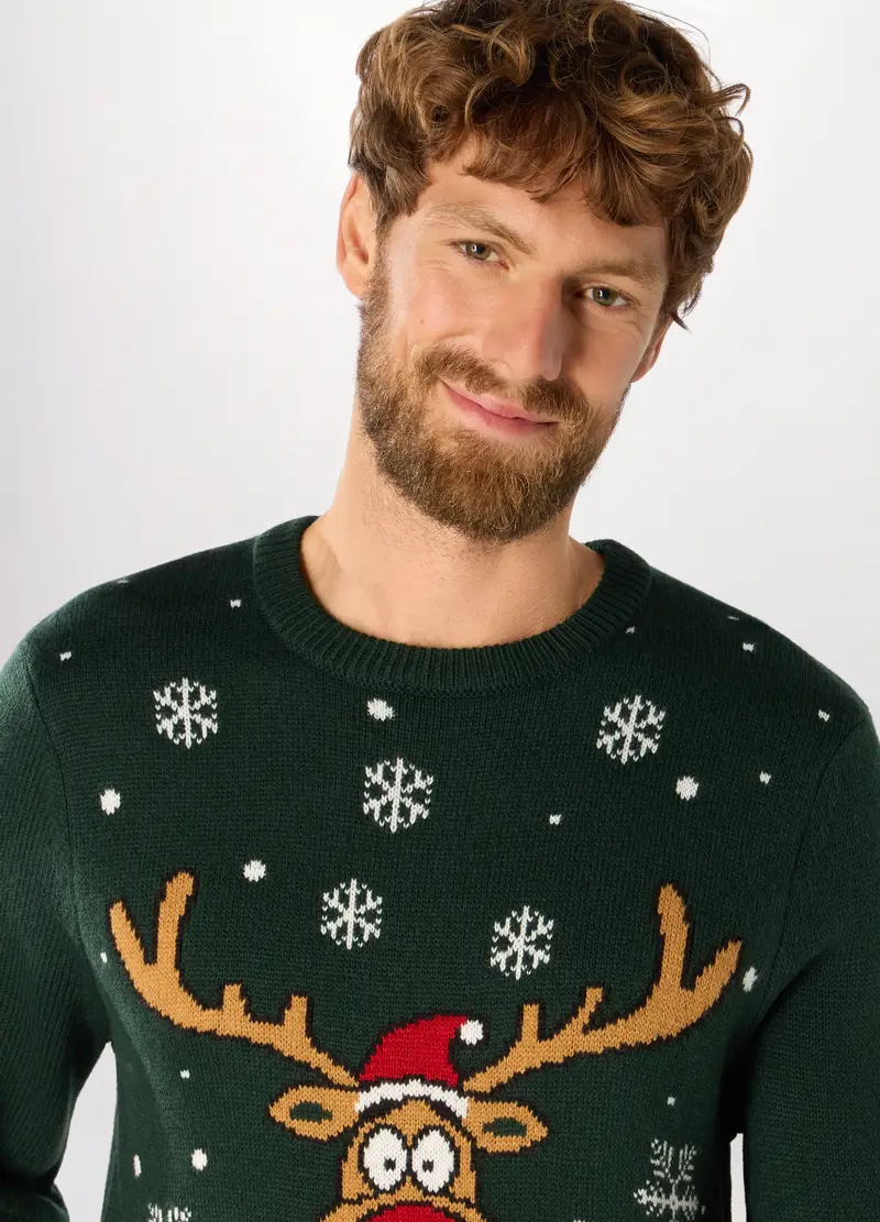 Maglione Girocollo Con Motivo Natale Uomo, Verde scuro miniatura 3