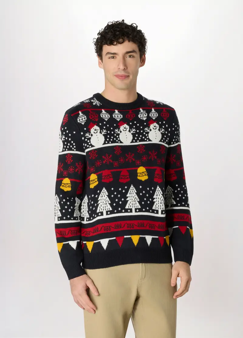 Maglione Girocollo Con Motivo Natalizio Uomo, Blu scuro