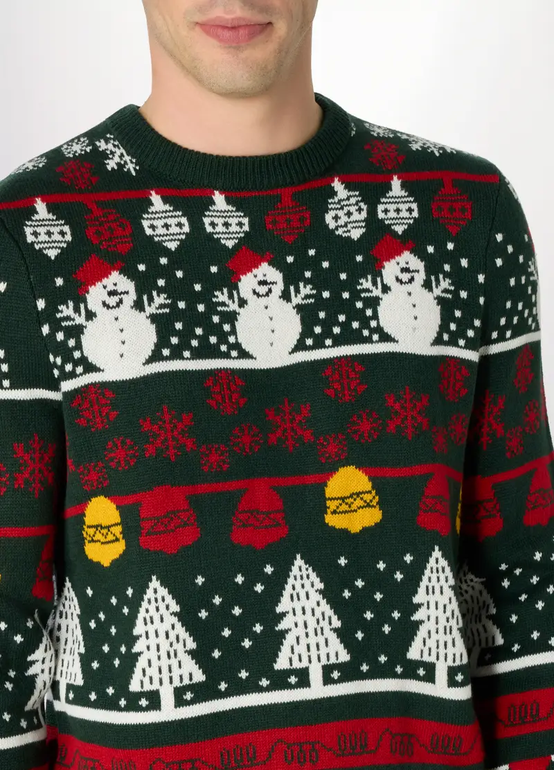 Maglione Girocollo Con Motivo Natalizio Uomo, Verde scuro miniatura 3