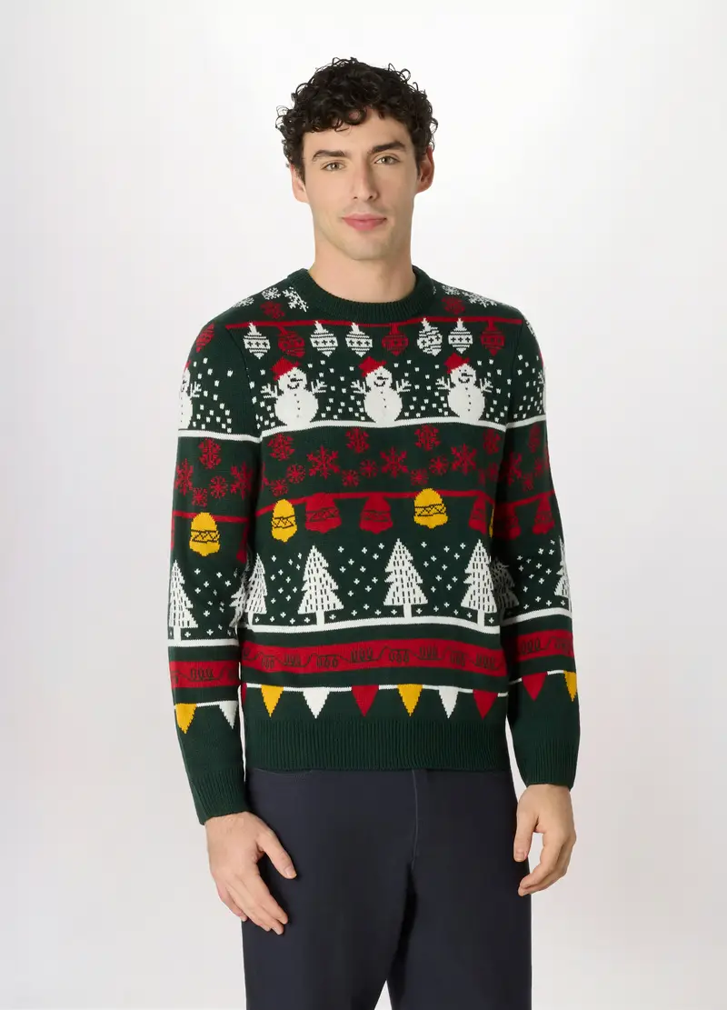 Maglione Girocollo Con Motivo Natalizio Uomo, Verde scuro