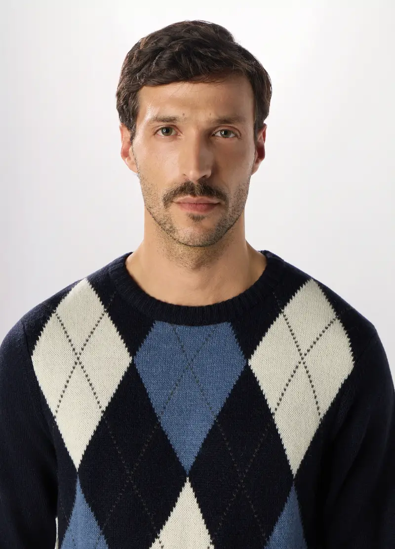 Maglione Girocollo Con Rombi Uomo, Blu scuro miniatura 3