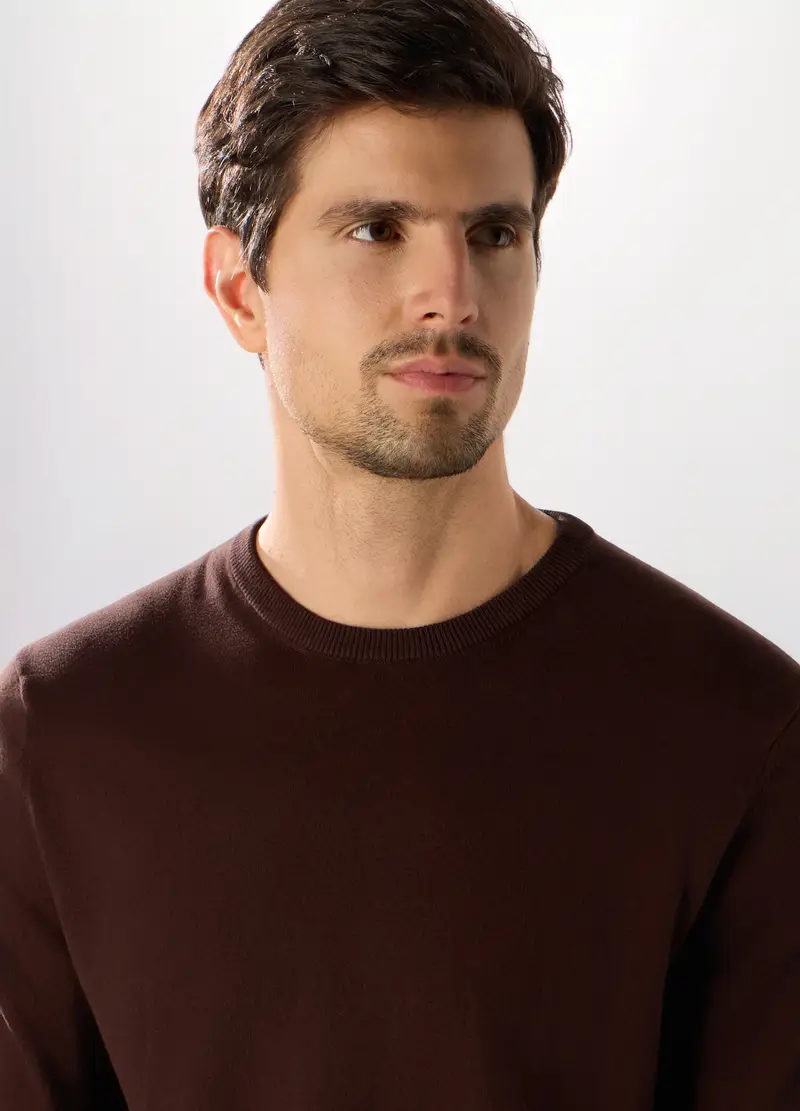 Maglione Girocollo In Misto Cotone Uomo, Marrone cioccolato miniatura 3
