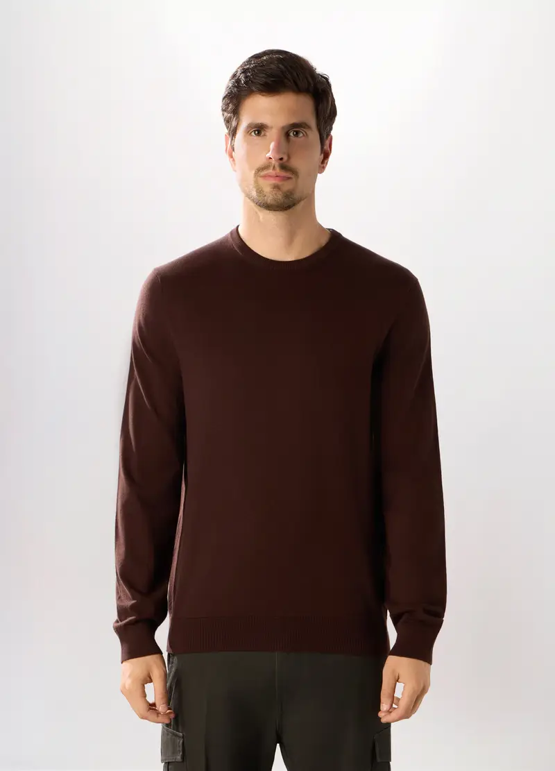 Maglione Girocollo In Misto Cotone Uomo, Marrone cioccolato