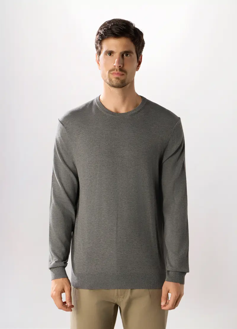 Maglione Girocollo In Misto Viscosa Uomo, Grigio scuro melange