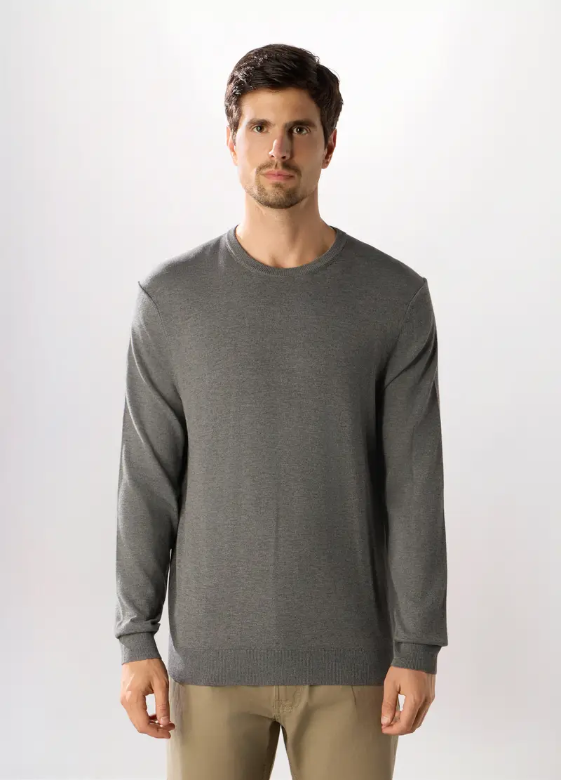 Maglione Girocollo In Misto Viscosa Uomo, Grigio scuro melange