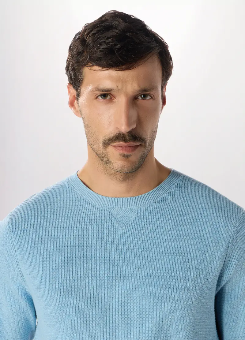 Maglione Girocollo In Puro Cotone Uomo, Azzurro celeste miniatura 3