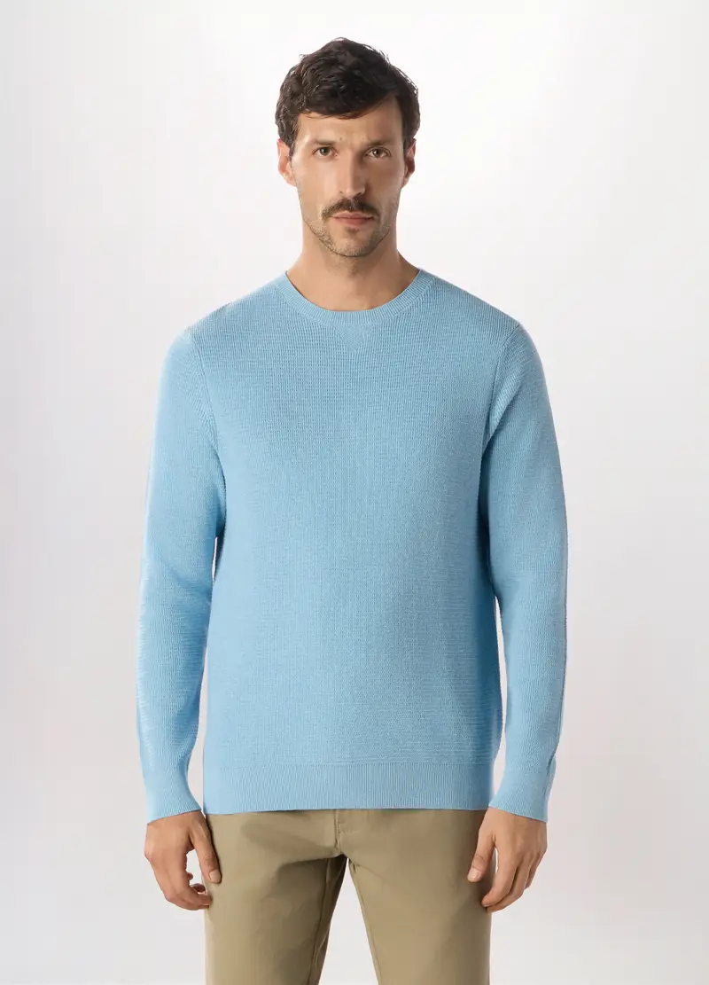 Maglione Girocollo In Puro Cotone Uomo, Azzurro celeste