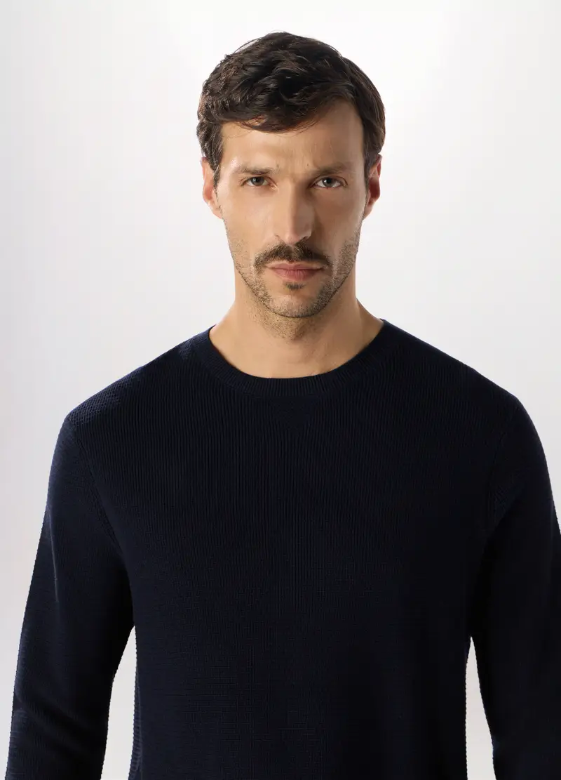 Maglione Girocollo In Puro Cotone Uomo, Blu scuro miniatura 3