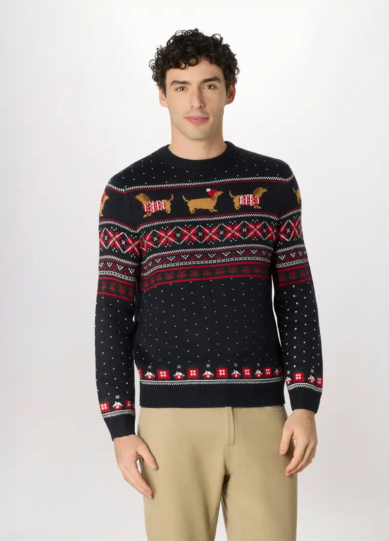 Maglione Girocollo Natalizio Con Pois Uomo, Blu scuro