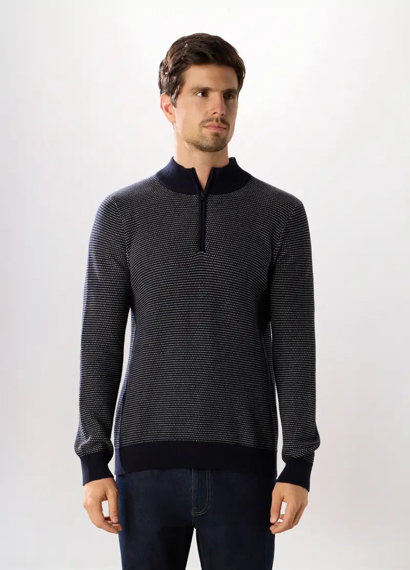 Maglione Lupetto Con Zip In Cotone Uomo, Blu scuro