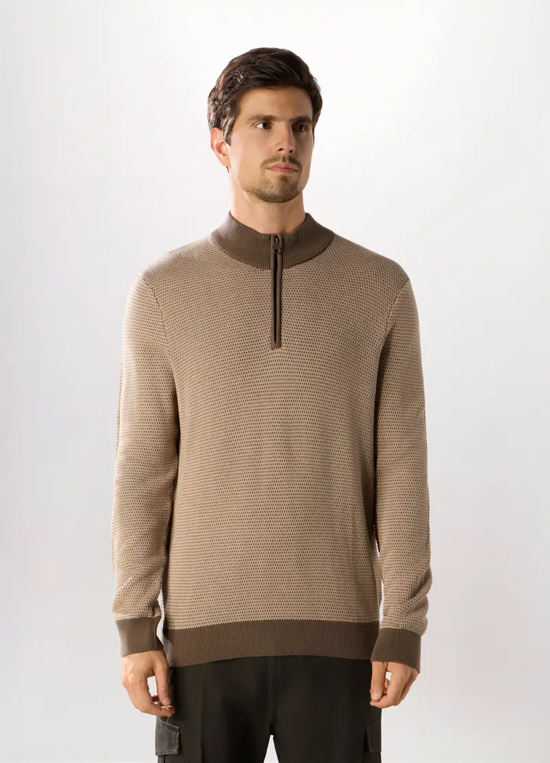 Maglione Lupetto Con Zip In Cotone Uomo, Marrone ecru