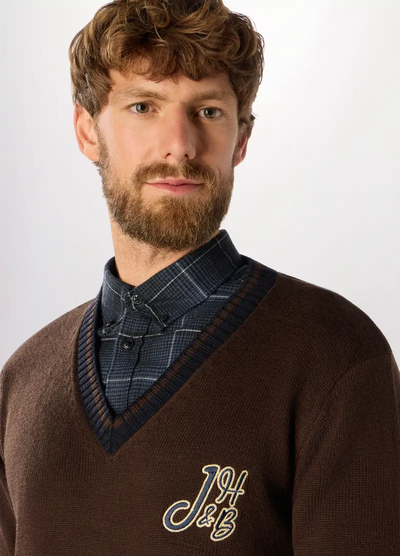 Maglione Scollo A V In Maglia Rasata Uomo, Marrone scuro miniatura 3