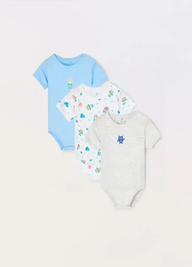 Pack 3 Body In Puro Cotone Neonato, Azzurro chiaro