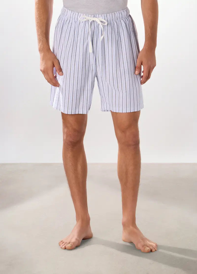 Pantaloncini Pigiama In Cotone Seersucker Uomo, Bianco/Azzurro miniatura 3
