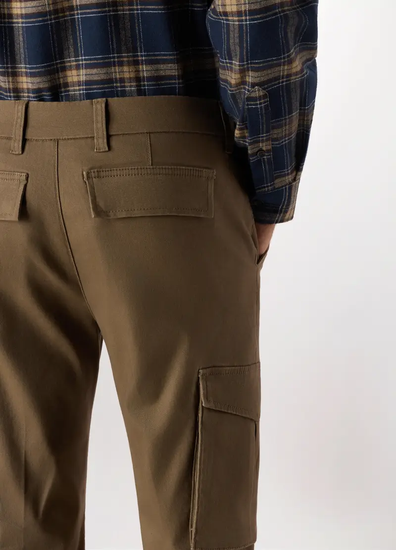 Pantalone Cargo Slim Fit In Cotone Stretch, Uomo, Marrone ecru miniatura 3