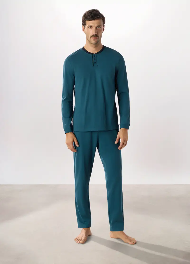 Pantalone Lungo Del Pigiama In Puro Cotone Uomo, Verde ottanio