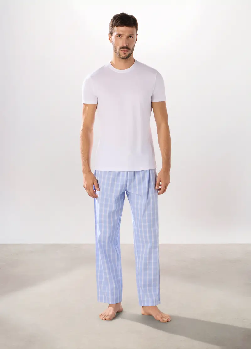 Pantalone Lungo Pigiama In Puro Cotone Uomo, Azzurro cielo