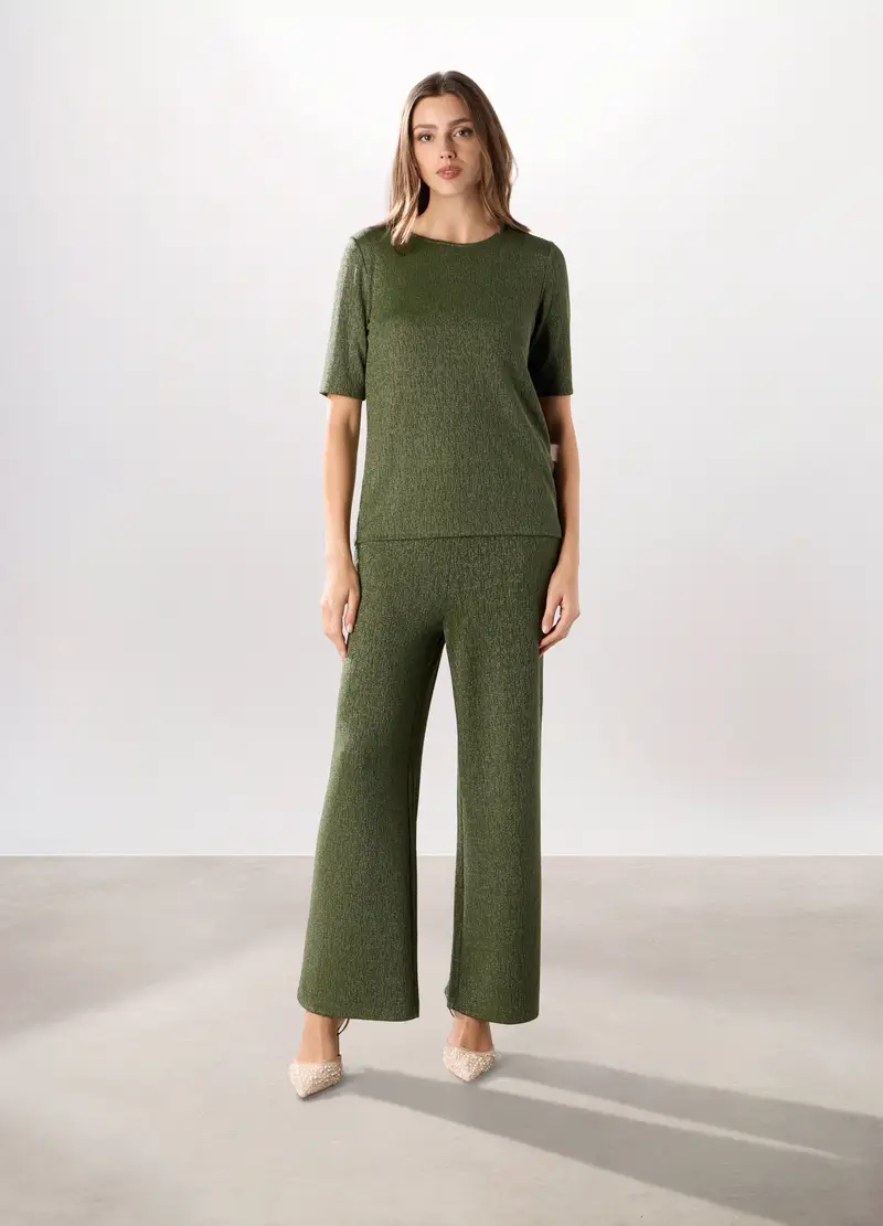 Pantalone Palazzo In Crinkle E Di Filo Lurex Donna, Verde foglia