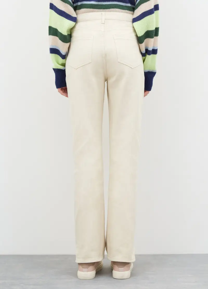 Pantaloni A Vita Alta In Puro Cotone Donna, Beige chiaro miniatura 2