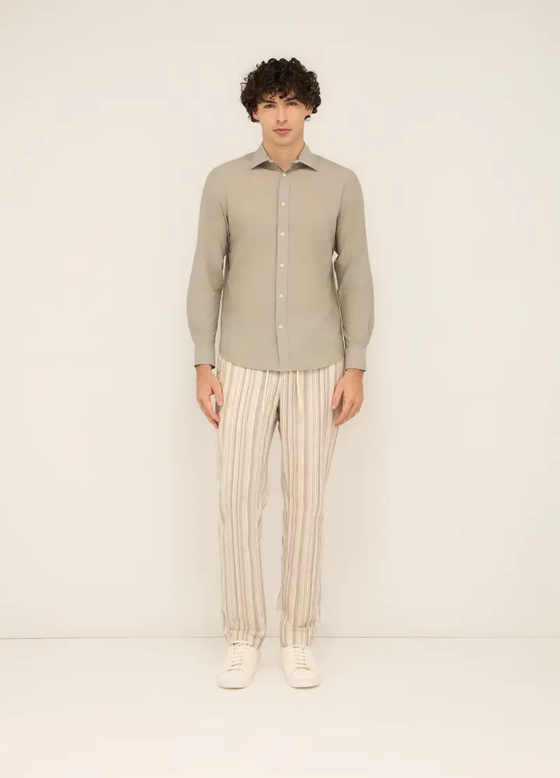Pantaloni Chino In Cotone E Lino Stretch Uomo, Bianco/Marrone