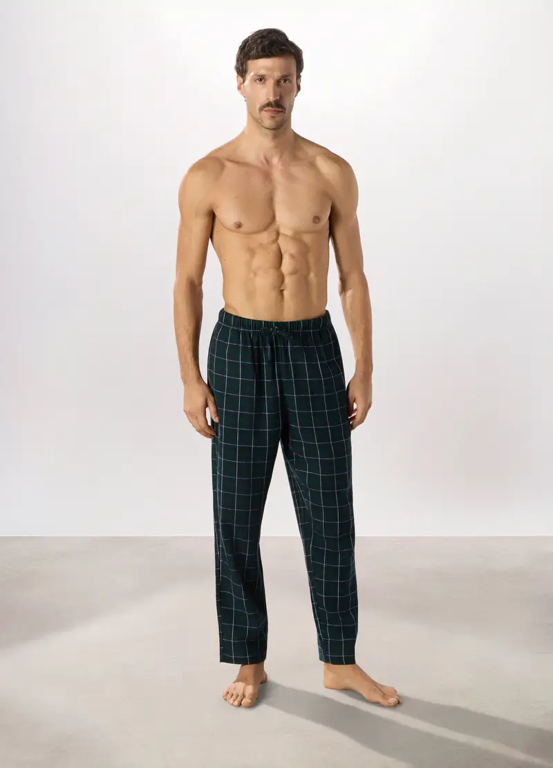 Pantaloni Lunghi Pigiama In Cotone A Quadri Uomo, Blu/Verde