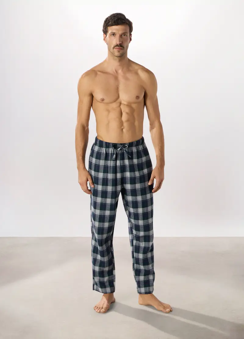 Pantaloni Lunghi Pigiama In Cotone A Quadri Uomo, Grigio/Blu