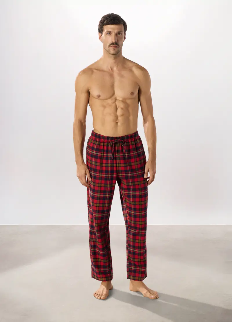 Pantaloni Lunghi Pigiama In Cotone A Quadri Uomo, Rosso/Blu