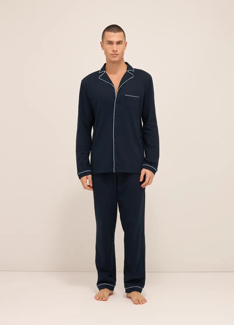 Pigiama A Camicia In Puro Cotone Uomo, Blu scuro