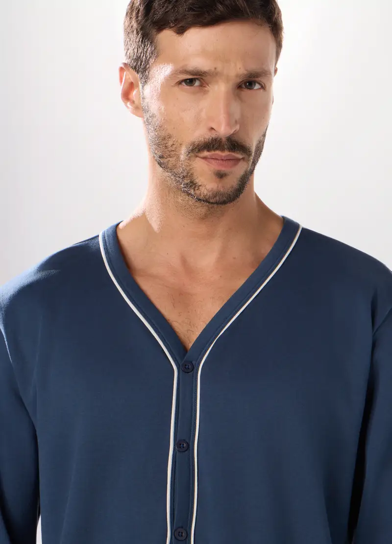 Pigiama Aperto In Puro Cotone Interlock Uomo, Blu indigo miniatura 3