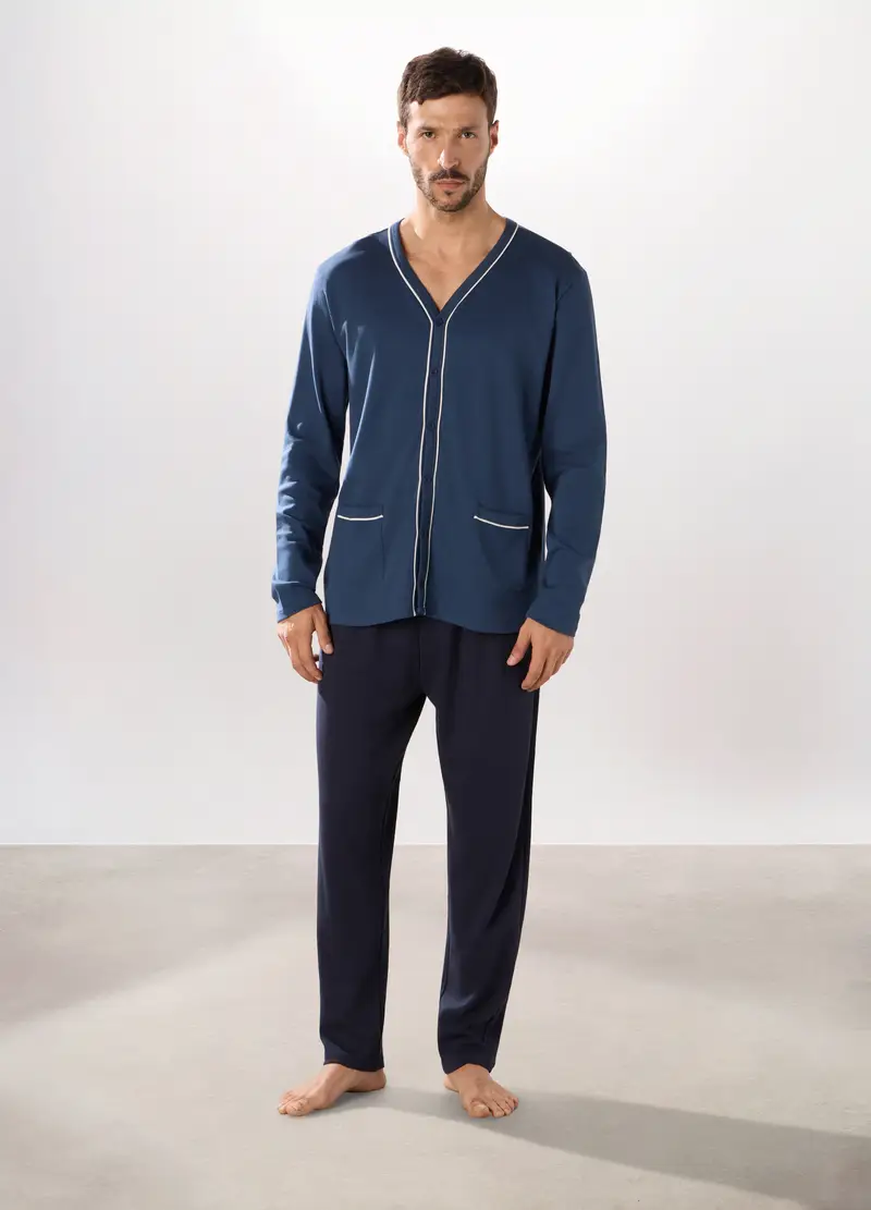 Pigiama Aperto In Puro Cotone Interlock Uomo, Blu indigo
