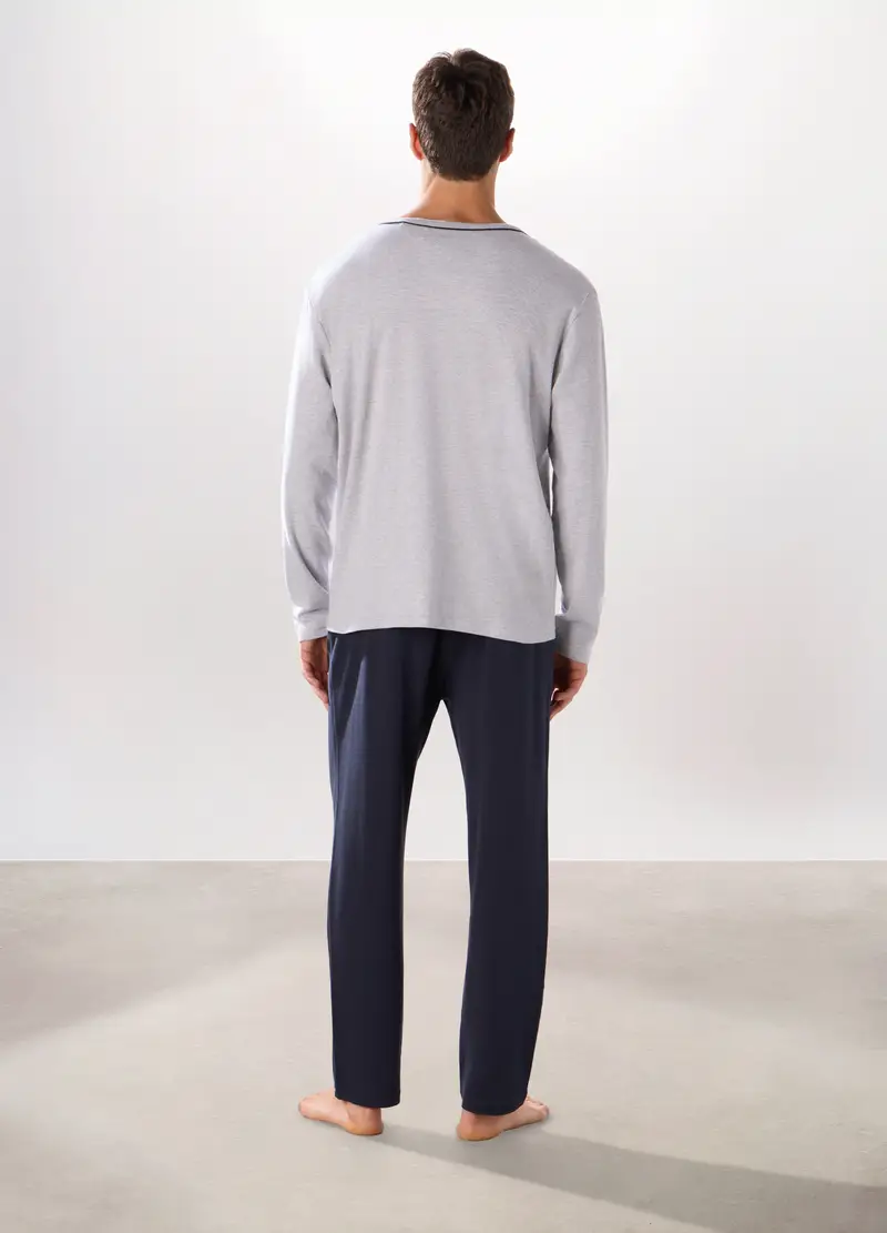 Pigiama Aperto In Puro Cotone Interlock Uomo, Grigio/Blu miniatura 2
