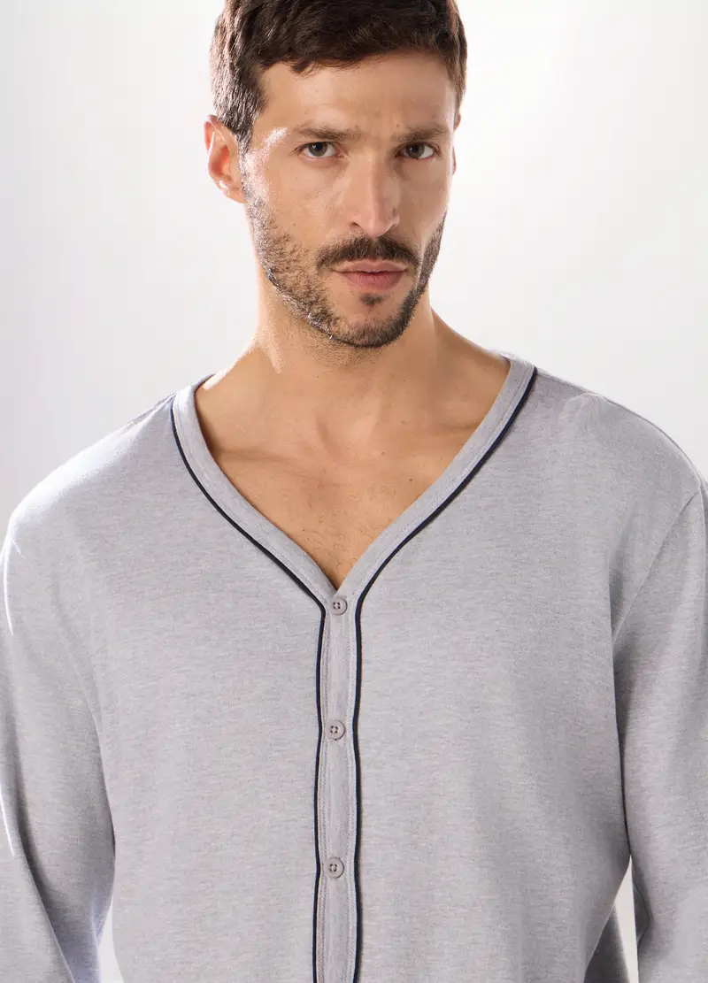 Pigiama Aperto In Puro Cotone Interlock Uomo, Grigio/Blu miniatura 3