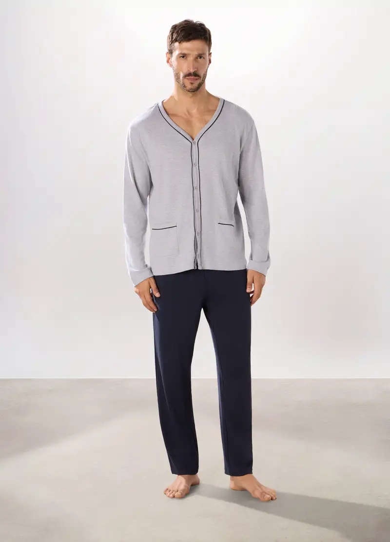 Pigiama Aperto In Puro Cotone Interlock Uomo, Grigio/Blu