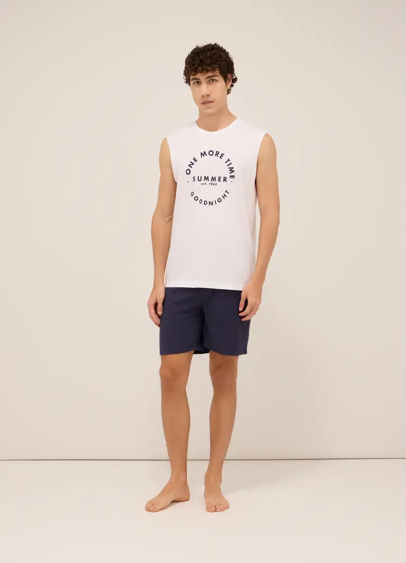 Pigiama Corto Con Canottiera In Puro Jersey Di Cotone Uomo, Bianco/Blu