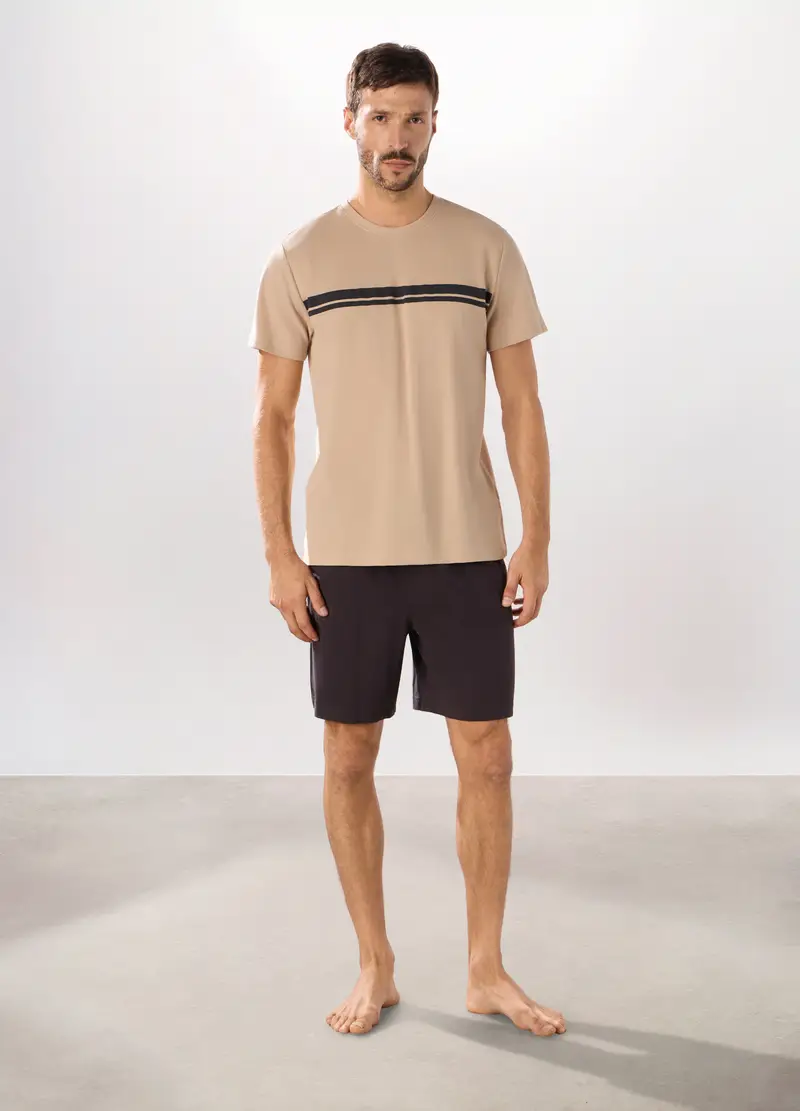 Pigiama Corto In Piquet Di Cotone Uomo, Nero/beige