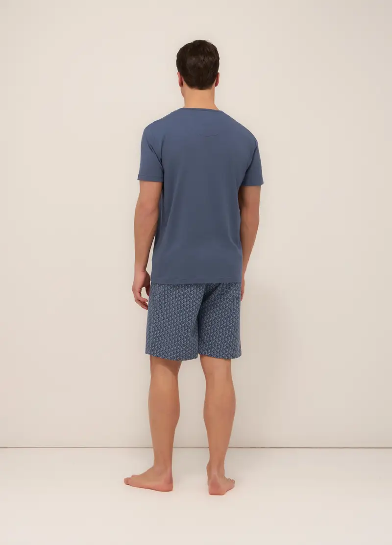 Pigiama Corto Serafino In Cotone Stretch Uomo, Blu navy miniatura 2