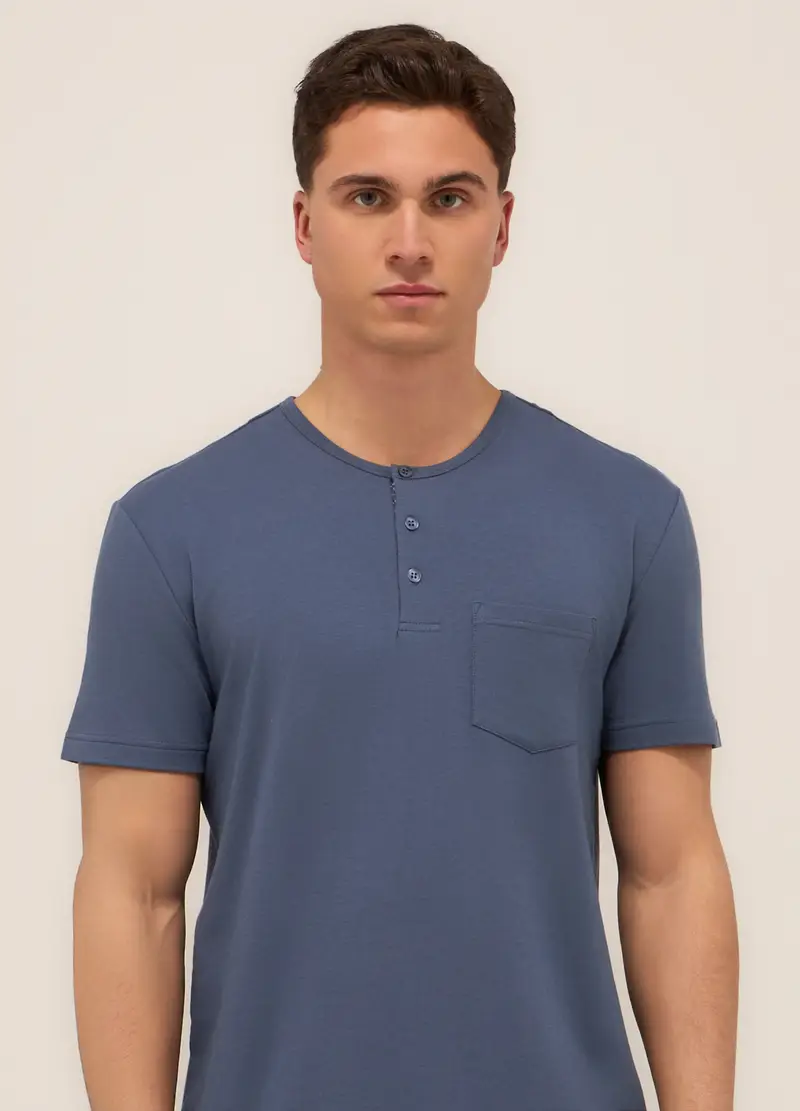 Pigiama Corto Serafino In Cotone Stretch Uomo, Blu navy miniatura 3