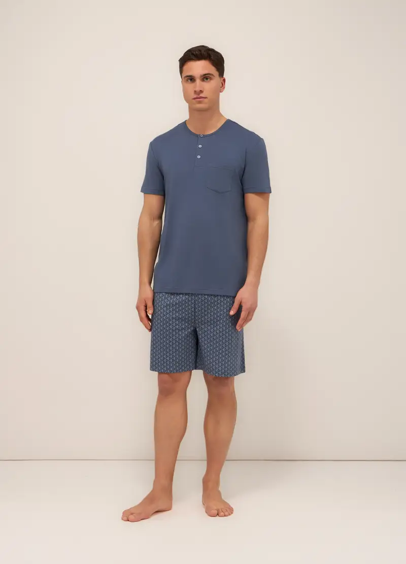 Pigiama Corto Serafino In Cotone Stretch Uomo, Blu navy