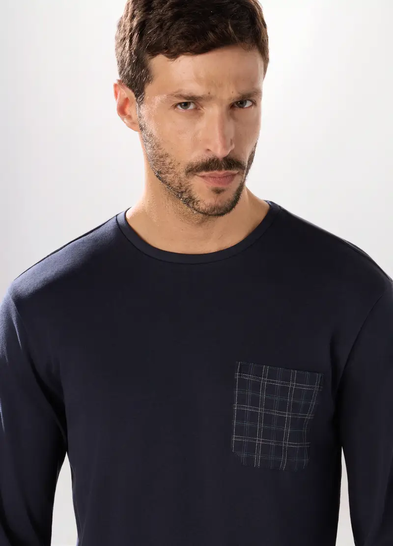Pigiama Lungo A Quadri In Puro Cotone Uomo, Blu scuro miniatura 3