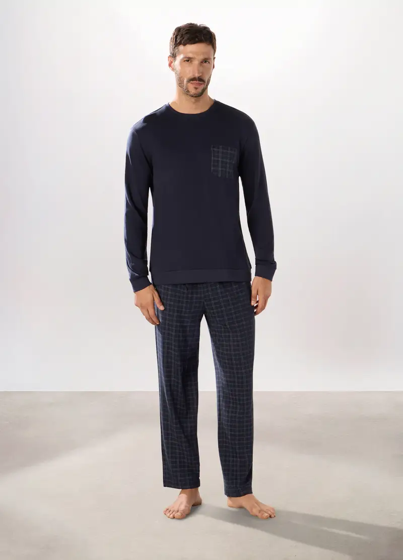Pigiama Lungo A Quadri In Puro Cotone Uomo, Blu scuro