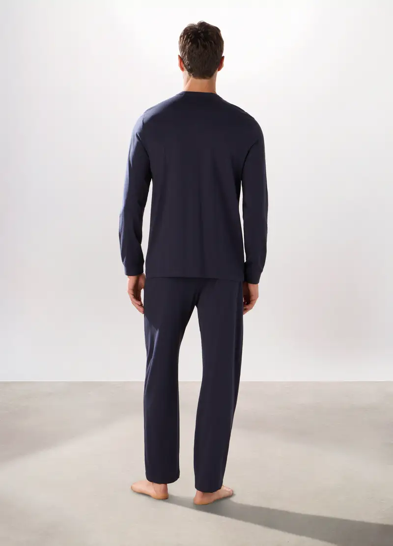 Pigiama Lungo A Serafino In Jersey Di Cotone Uomo, Blu scuro miniatura 2