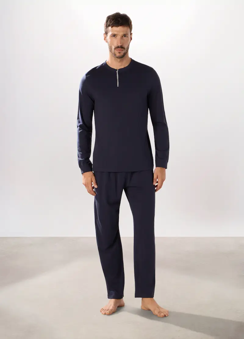 Pigiama Lungo A Serafino In Jersey Di Cotone Uomo, Blu scuro