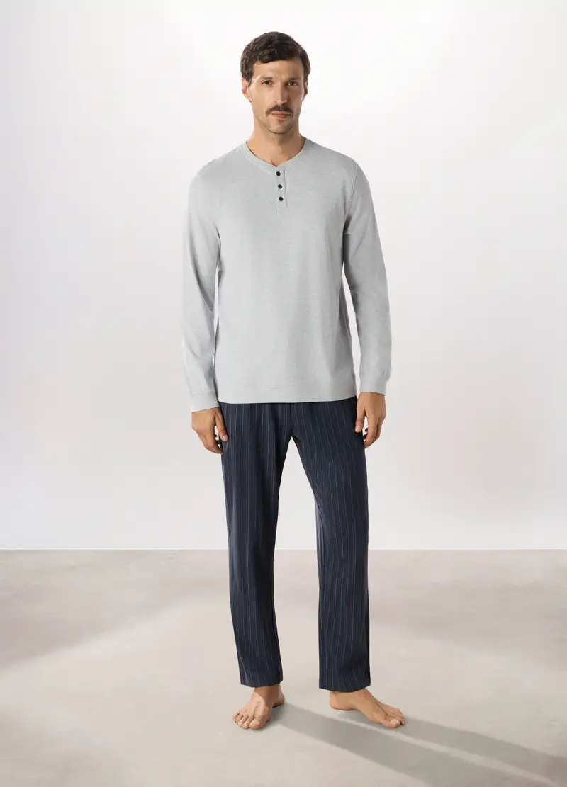 Pigiama Lungo A Serafino In Puro Cotone Uomo, Grigio chiaro melange