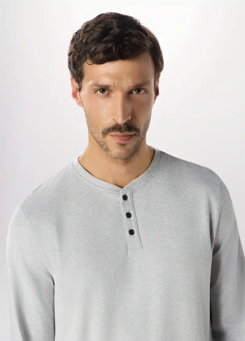 Pigiama Lungo A Serafino In Puro Cotone Uomo, Grigio chiaro melange miniatura 3