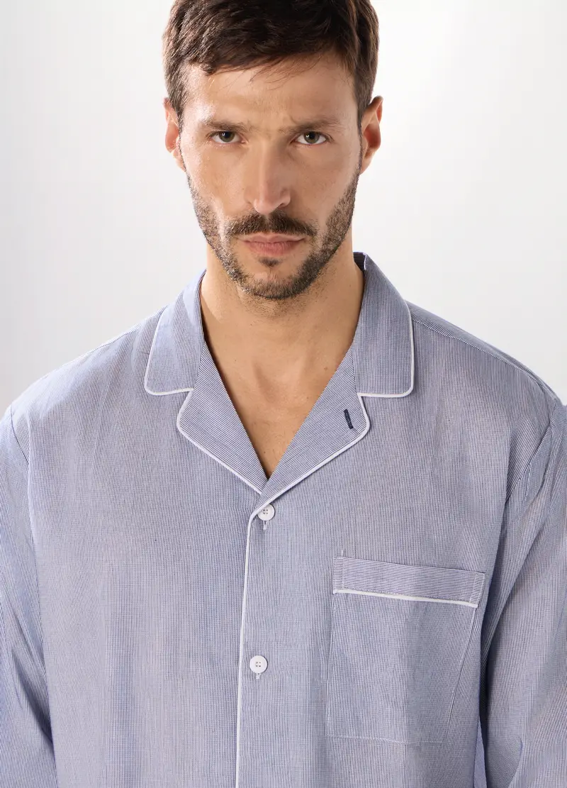 Pigiama Lungo Aperto A Righe Sottili Uomo, Bianco/Azzurro miniatura 3