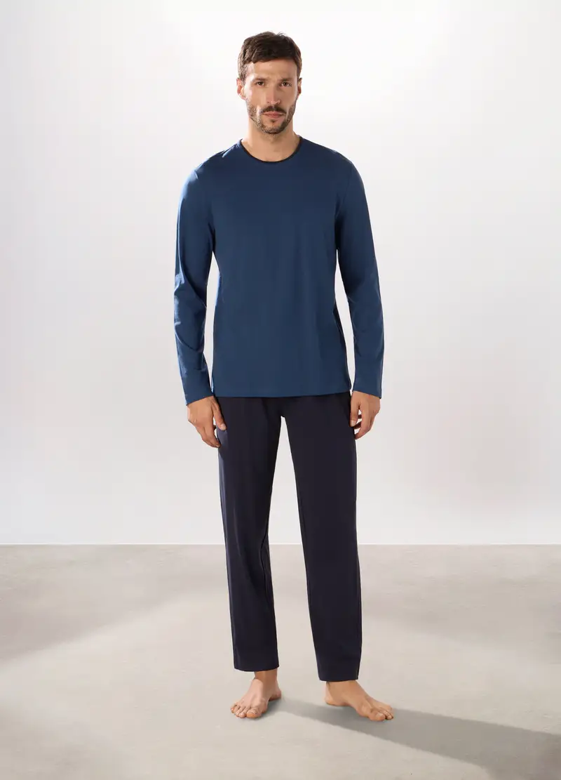 Pigiama Lungo Bicolore In Puro Cotone Uomo, Blu indigo