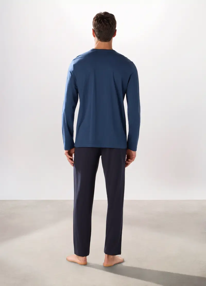Pigiama Lungo Bicolore In Puro Cotone Uomo, Blu indigo miniatura 2